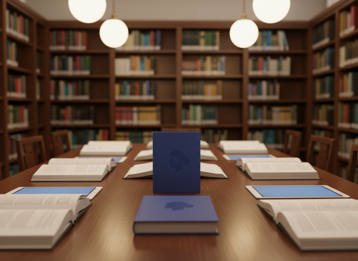 A polished library reading table in a public cultural center, covered with an array of open books, notebooks, and digital tablets displaying blank, glowing pages. In the center lies one prominent, closed book with a plain, deep blue cover and a subtle embossed outline of a woman’s profile, suggesting the “missing author.” Rows of tall bookshelves fade into a soft blur behind, their spines forming a colorful, orderly pattern. Overhead pendant lights cast warm, even illumination onto the table, creating soft highlights on the paper and gentle reflections on the tablet screens. Shot at eye level with a shallow depth of field focusing on the central book, the photographic scene feels contemplative and professional, symbolizing untold stories waiting to be written and discovered.