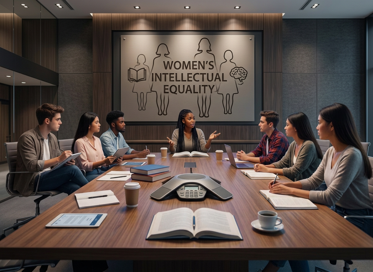 Group of diverse people in a meeting room discussing women's intellectual equality with neon text and icons